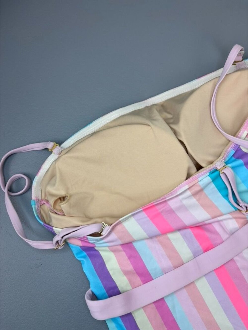 Beach Joy women's medium pastel rainbow striped one piece swimsuit belted - Picture 7 of 10
